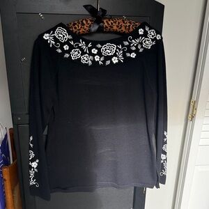 Christopher & Banks Black Top with White Floral Embroidery